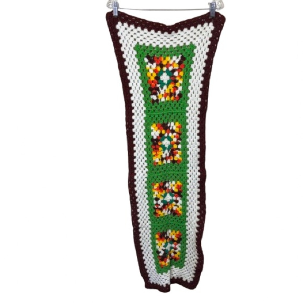Vintage Handmade Orange/Yellow/Brown/Green 1970s Crochet Short Table Runner